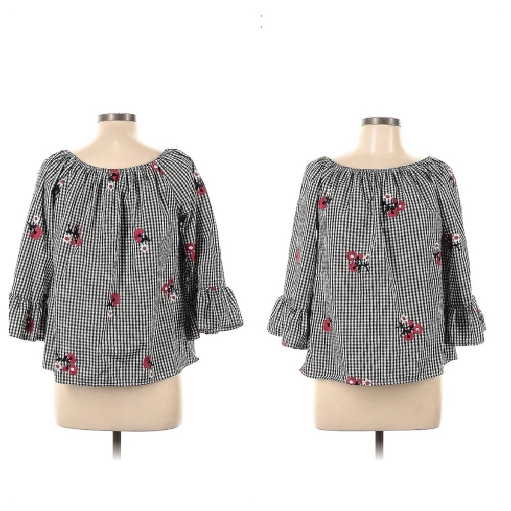 Mirror Image Large Top Gingham Embroidered Floral Off Shoulder Blouse  Spring